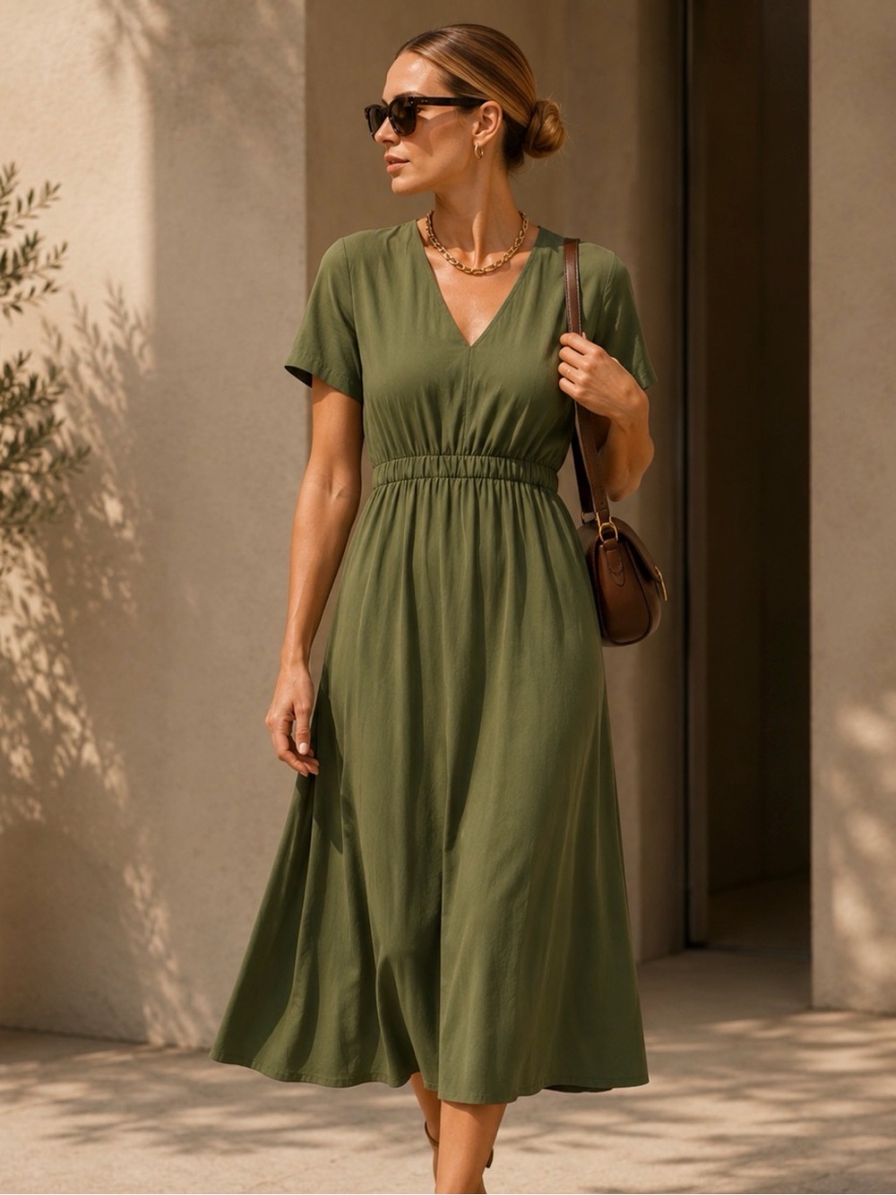 EVERLANE Japanese GoWeave Army Green V-Neck Midi Dress Size 8